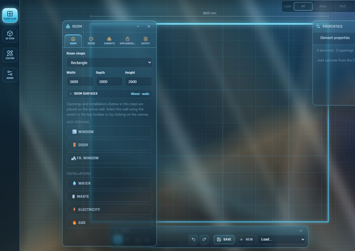 KitchenSnap Studio floor plan interface in English